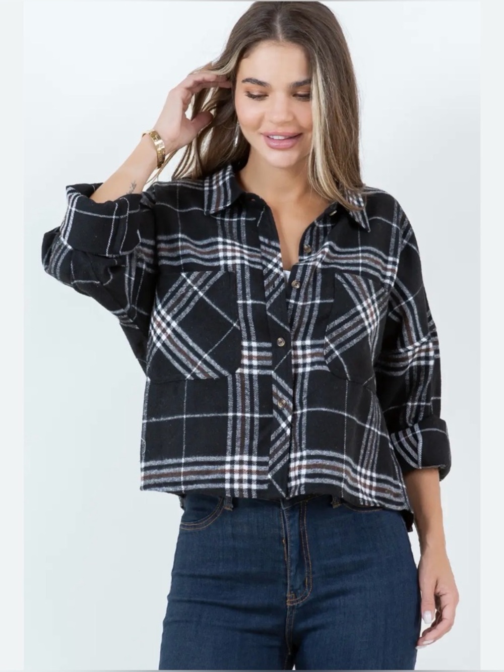 Ci Sono Black Plaid Button-Down Shirt